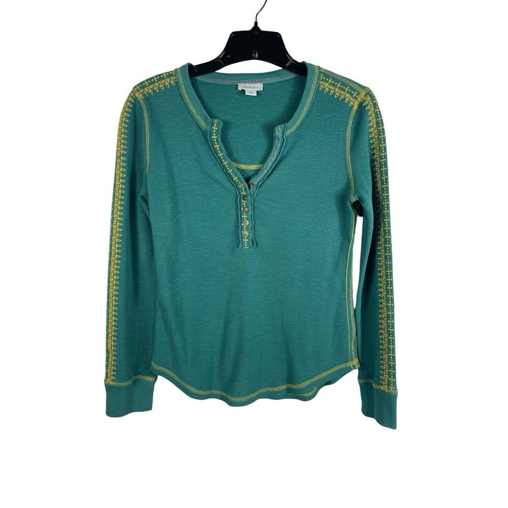 Sundance Teal Embroidered Thermal Waffle Henley Top S Boho Western Long Sleeve